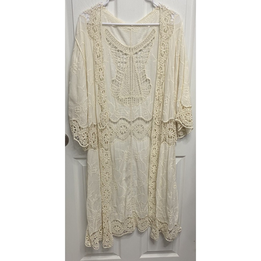 RAJ Imports Ada Crochet Trim Ivory Boho 3/4 Sleeve Kimono Cotton Duster ONE SIZE